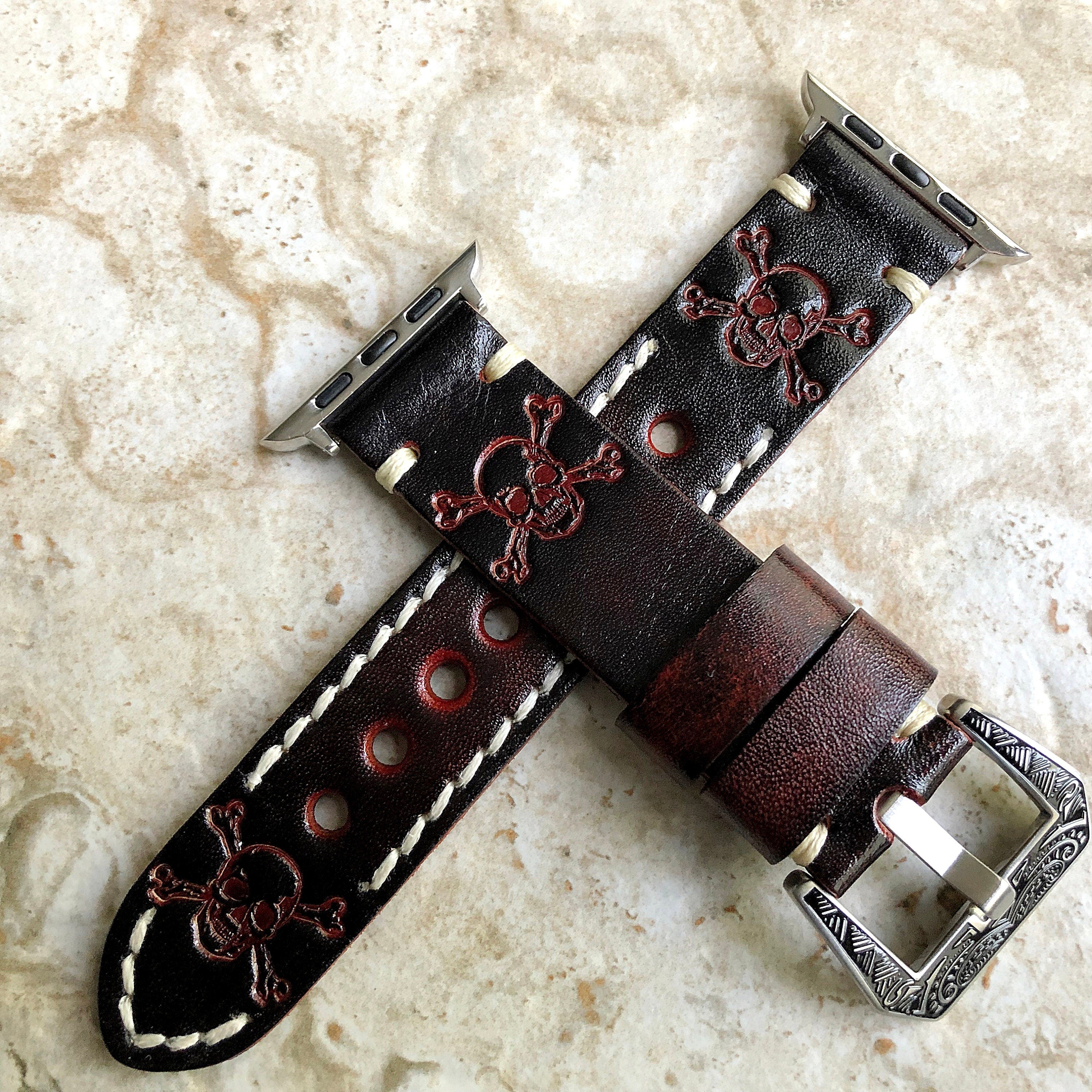 Apple Watch Band Dark Brown Skull Crossbones for iWatch Ultra 2 49mm and 9 8 Series 41mm 45mm Case Tooled Embossed Leather Strap Bracelet